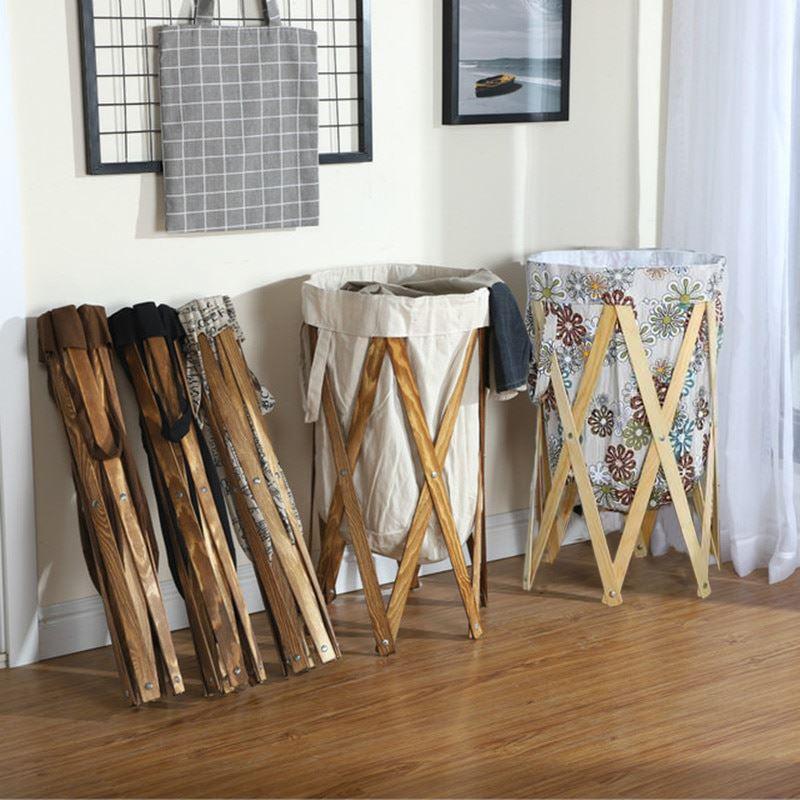 Panier à Linge en Bois et Tissu Pliable