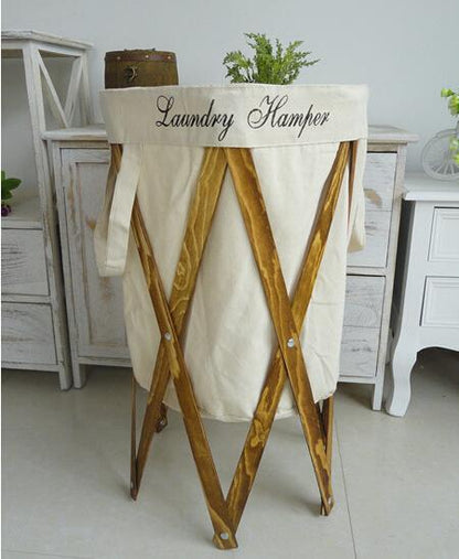 Panier à Linge en Bois Naturel Tissu Beige
