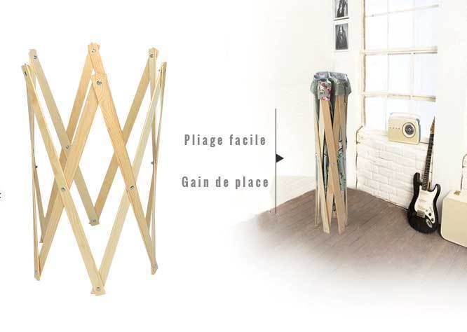 Panier à Linge en Bois Naturel Tissu Beige
