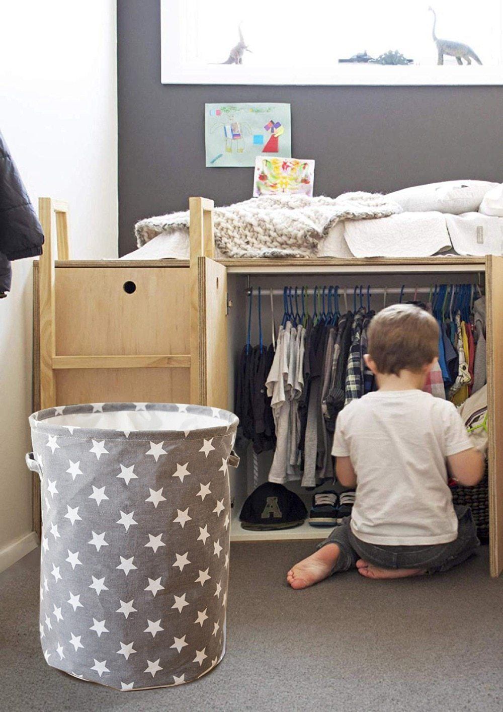 Panier à Linge Enfant Gris Étoilé