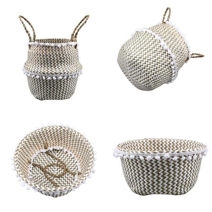 Panier à Linge Jonc de Mer Pompons Blancs