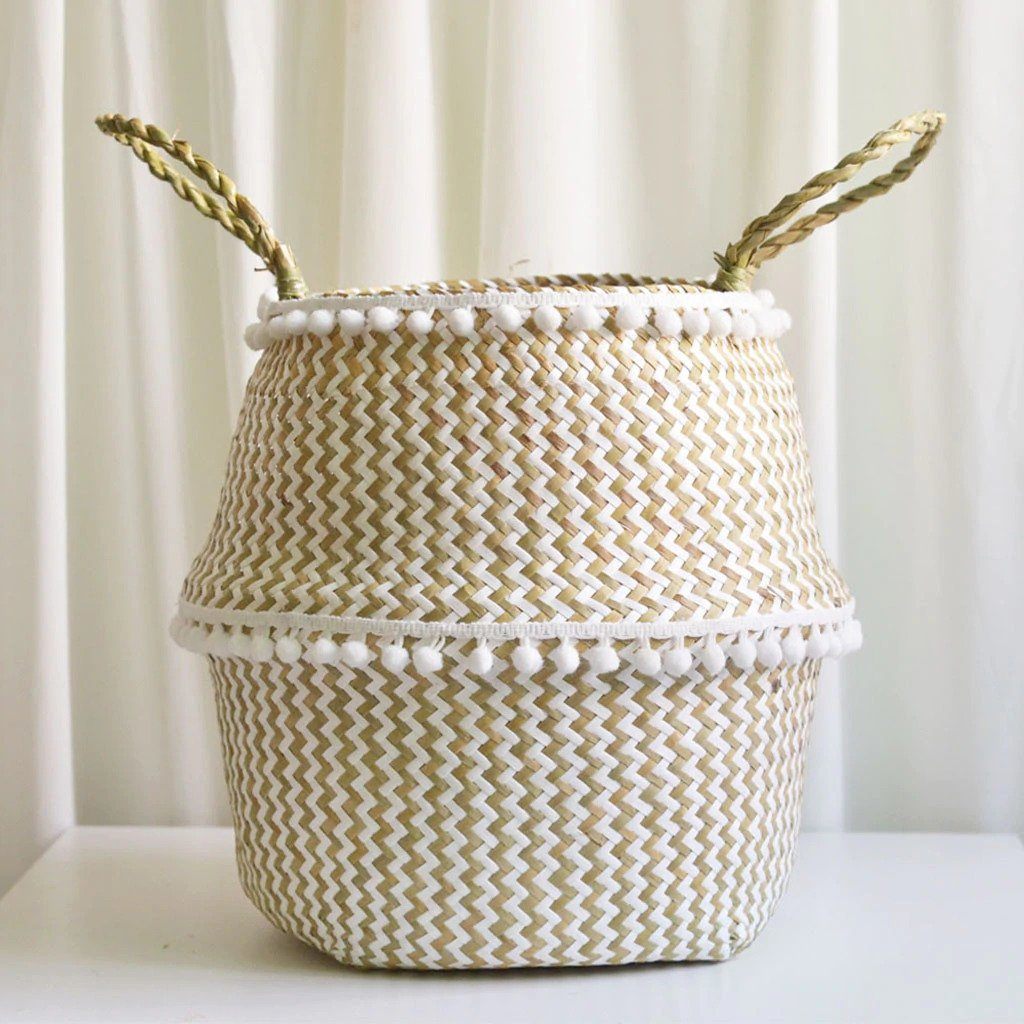 Panier à Linge Jonc de Mer Pompons Blancs