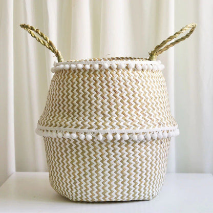 Panier à Linge Jonc de Mer Pompons Blancs