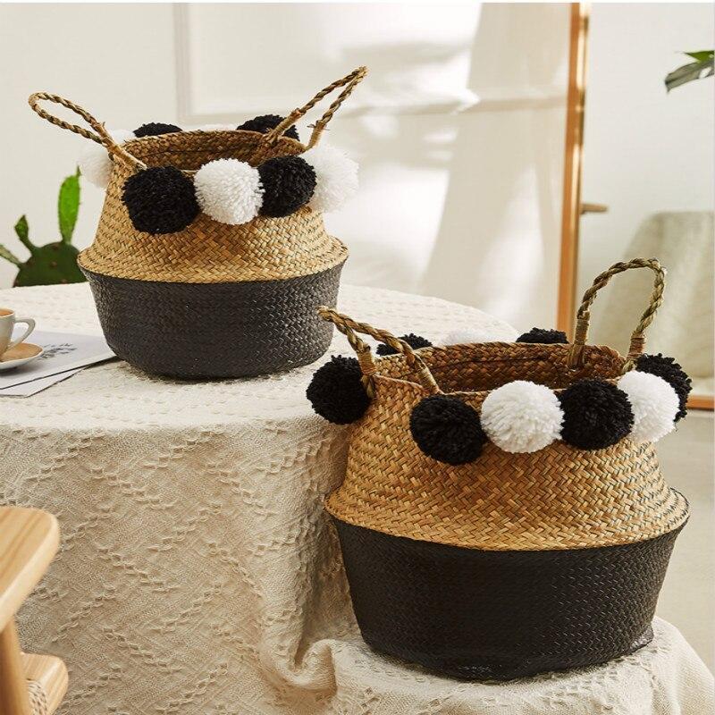 Panier à Linge Jonc de Mer Pompons Noirs