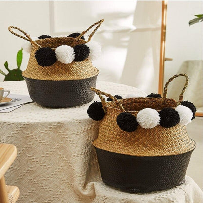 Panier à Linge Jonc de Mer Pompons Noirs