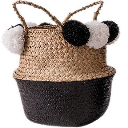 Panier à Linge Jonc de Mer Pompons Noirs
