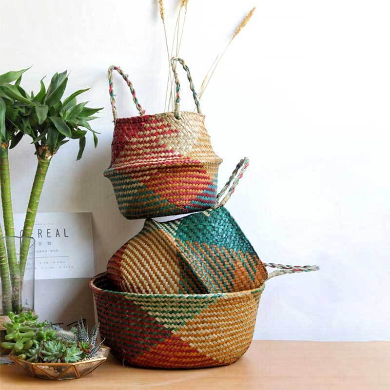 Panier à Linge Jonc de Mer Vert et Rouge