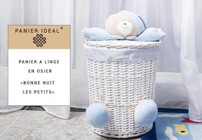 Panier à Linge Osier Blanc Bleu "Bonne nuit les petits"