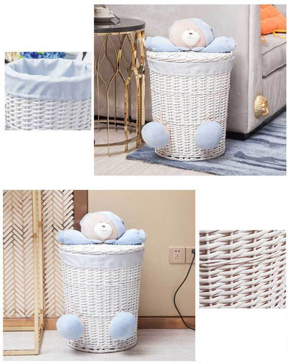 Panier à Linge Osier Blanc Bleu "Bonne nuit les petits"