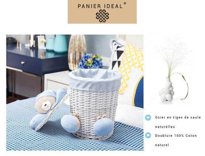 Panier à Linge Osier Blanc Bleu "Bonne nuit les petits"