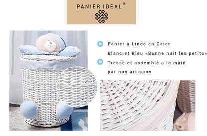 Panier à Linge Osier Blanc Bleu "Bonne nuit les petits"