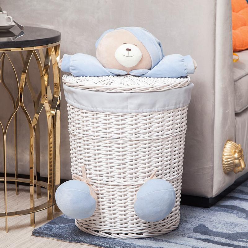 Panier à Linge Osier Blanc Bleu "Bonne nuit les petits"