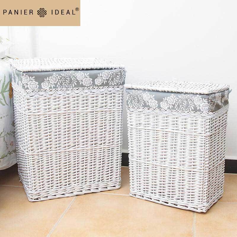 Panier à Linge Osier Blanc Lin Gris
