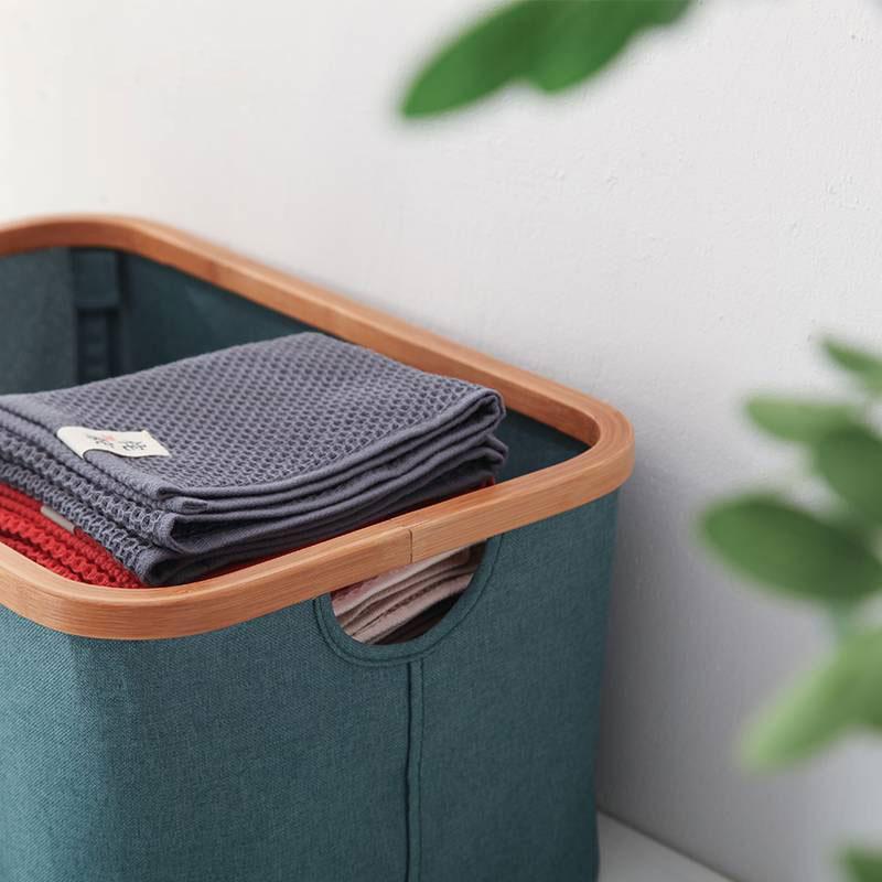 Panier à Linge Rectangulaire Vert et Bambou