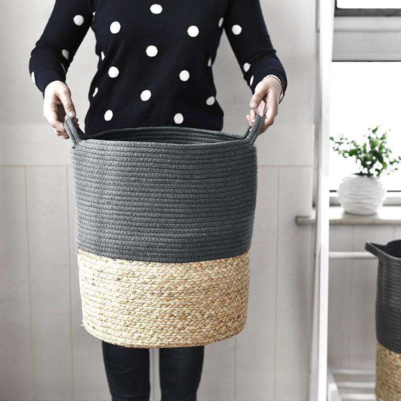 Panier à Linge Tressé Noir Coton et fibre de Rotin