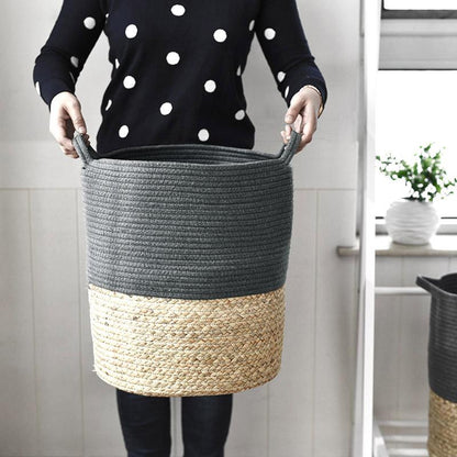 Panier à Linge Tressé Noir Coton et fibre de Rotin