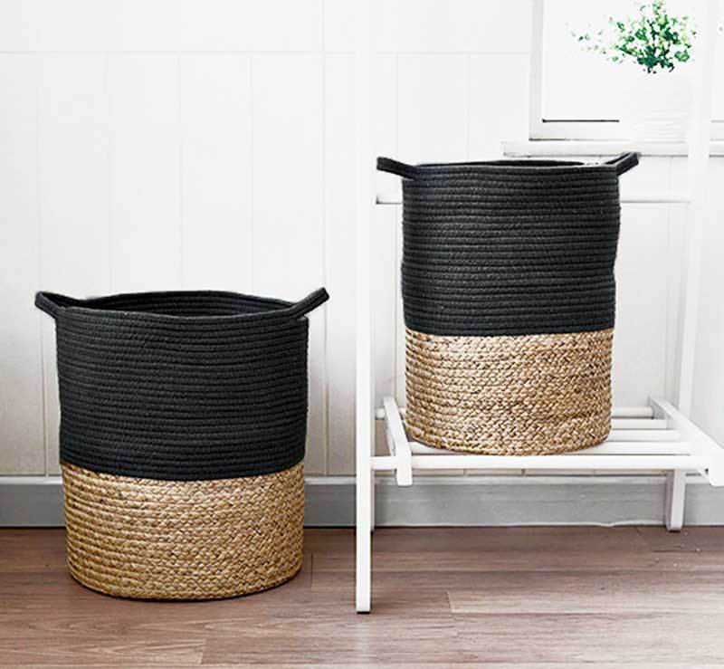 Panier à Linge Tressé Noir Coton et fibre de Rotin