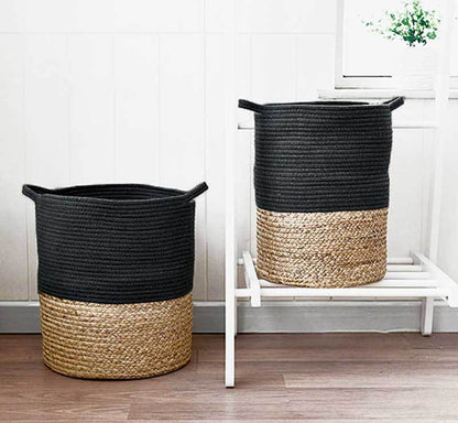 Panier à Linge Tressé Noir Coton et fibre de Rotin