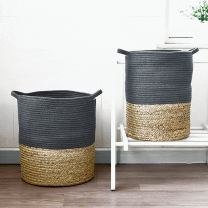 Panier à Linge Tressé Noir Coton et fibre de Rotin