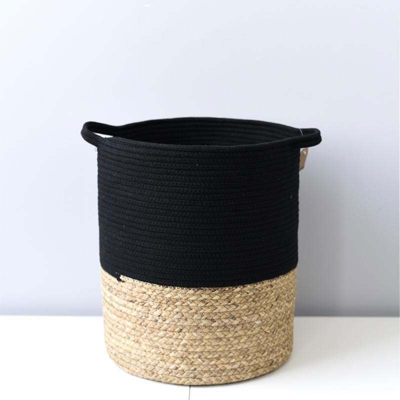 Panier à Linge Tressé Noir Coton et fibre de Rotin