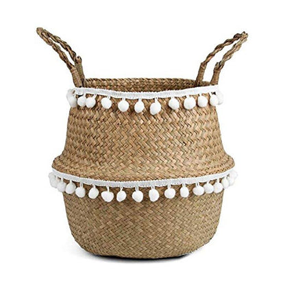 Panier Jonc de Mer pour Cactus et petit pompons blancs