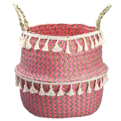 Panier en Jonc de Mer Rose avec ses pompons