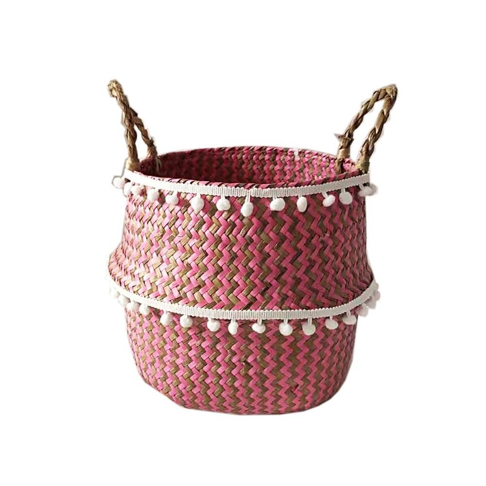 Panier en Jonc de Mer Rose et pompons