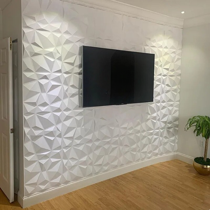 Panneau Mural 3D Blanc avec Reliefs Triangulaires  Lot de 12pcs 30 x 30 cm