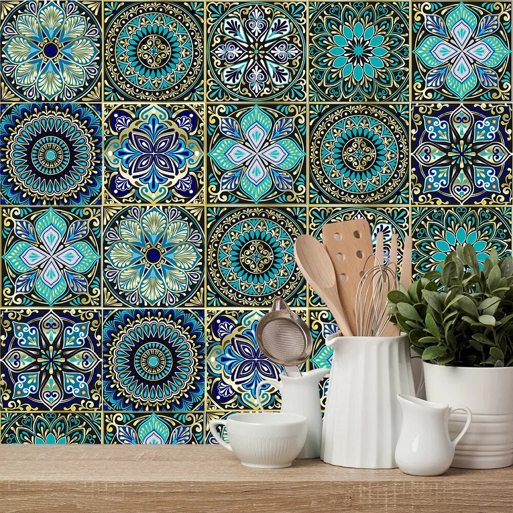 Panneau Mural avec Motifs Mandala Bleus Lot de 10 pcs 10 x 10 cm