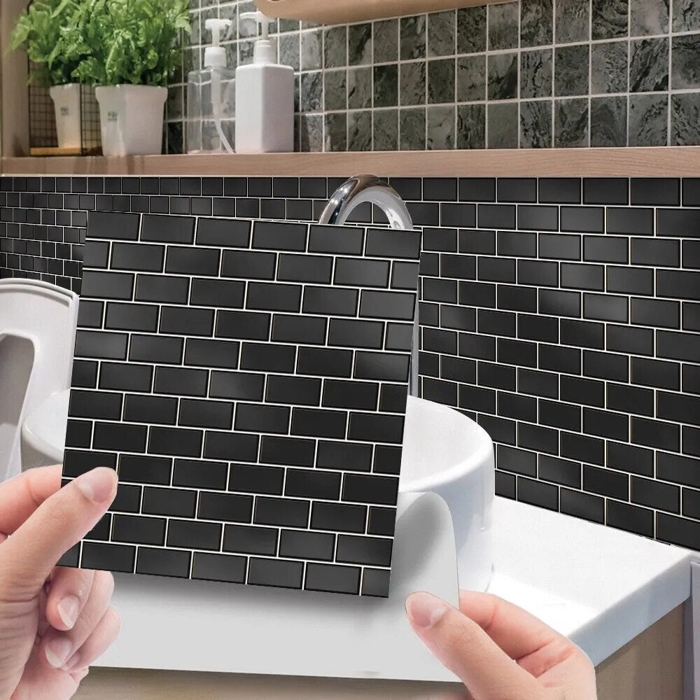 Panneau Mural Salle de Bain Style Carrelage Noir Lot de 10 pcs 10 x 10 cm