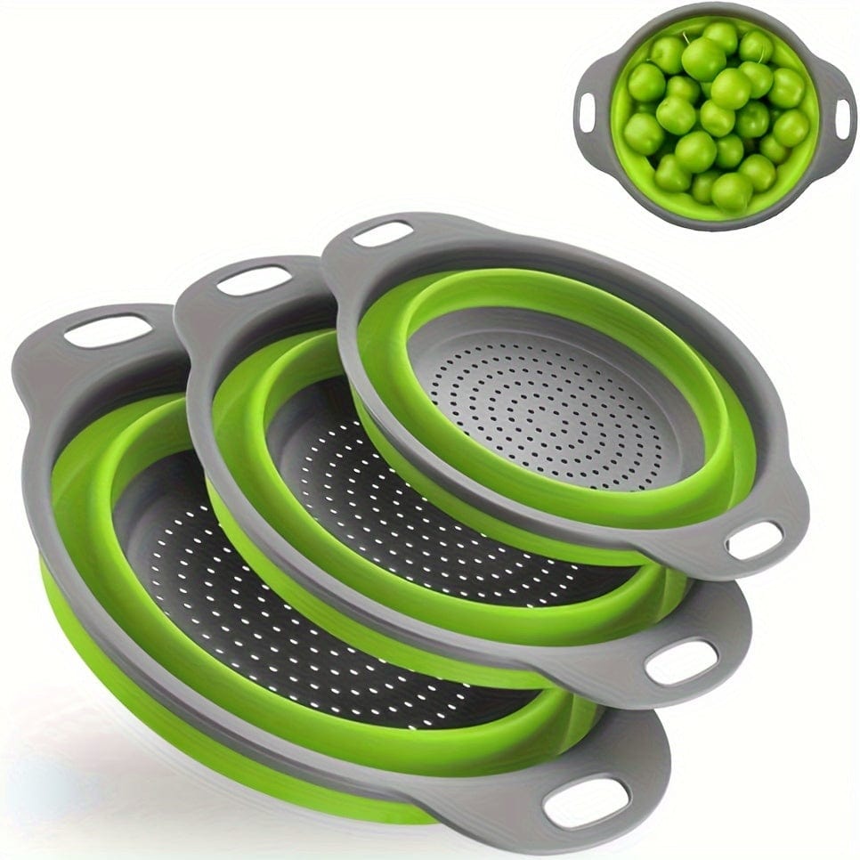 Passeoire Pliante Silicone pour Égoutter Pâtes et Fruits - Set de 2 - Vert / Rouge / Bleu