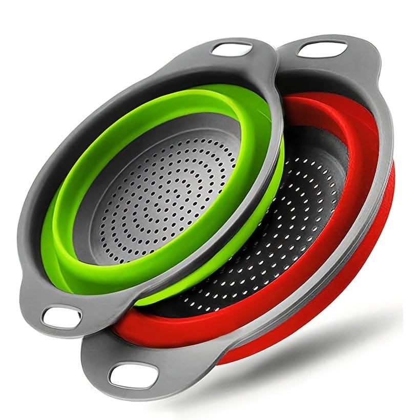 Passeoire Pliante Silicone pour Égoutter Pâtes et Fruits - Set de 2 - Vert / Rouge / Bleu