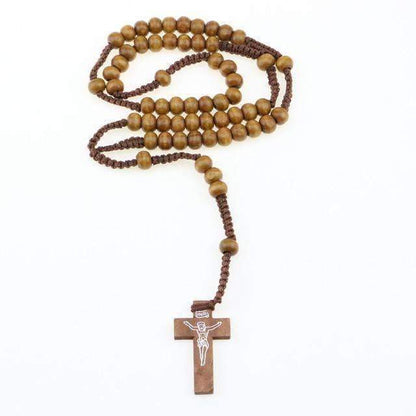 Brun Clair Pendentif Chapelet en bois - Croix