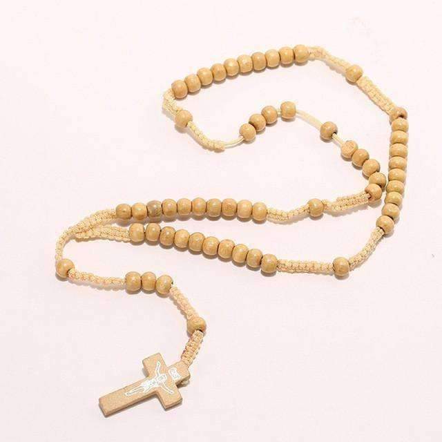 Crème Pendentif Chapelet en bois - Croix
