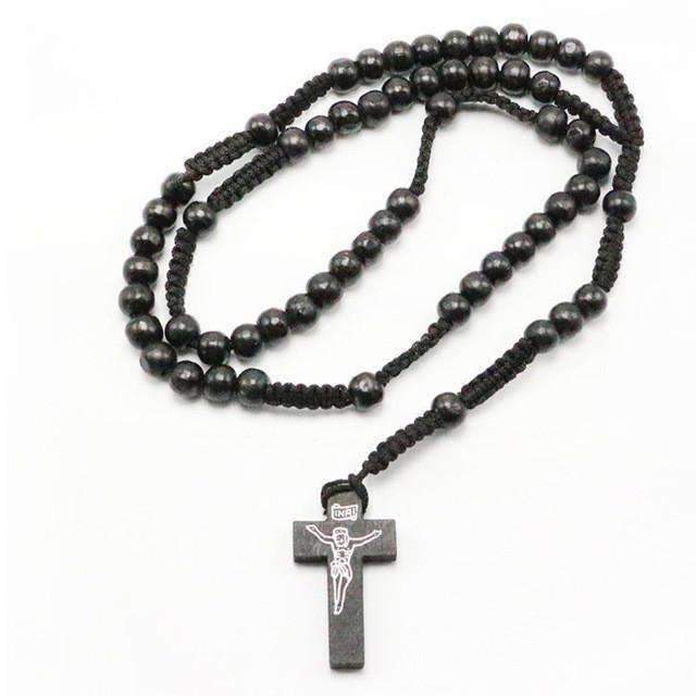 Noir Pendentif Chapelet en bois - Croix