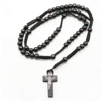 Noir Pendentif Chapelet en bois - Croix