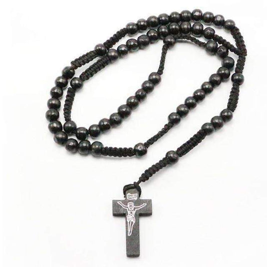 Noir Pendentif Chapelet en bois - Croix