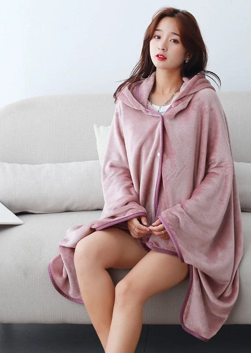 Poncho Plaid Rose Boutonné à Capuche