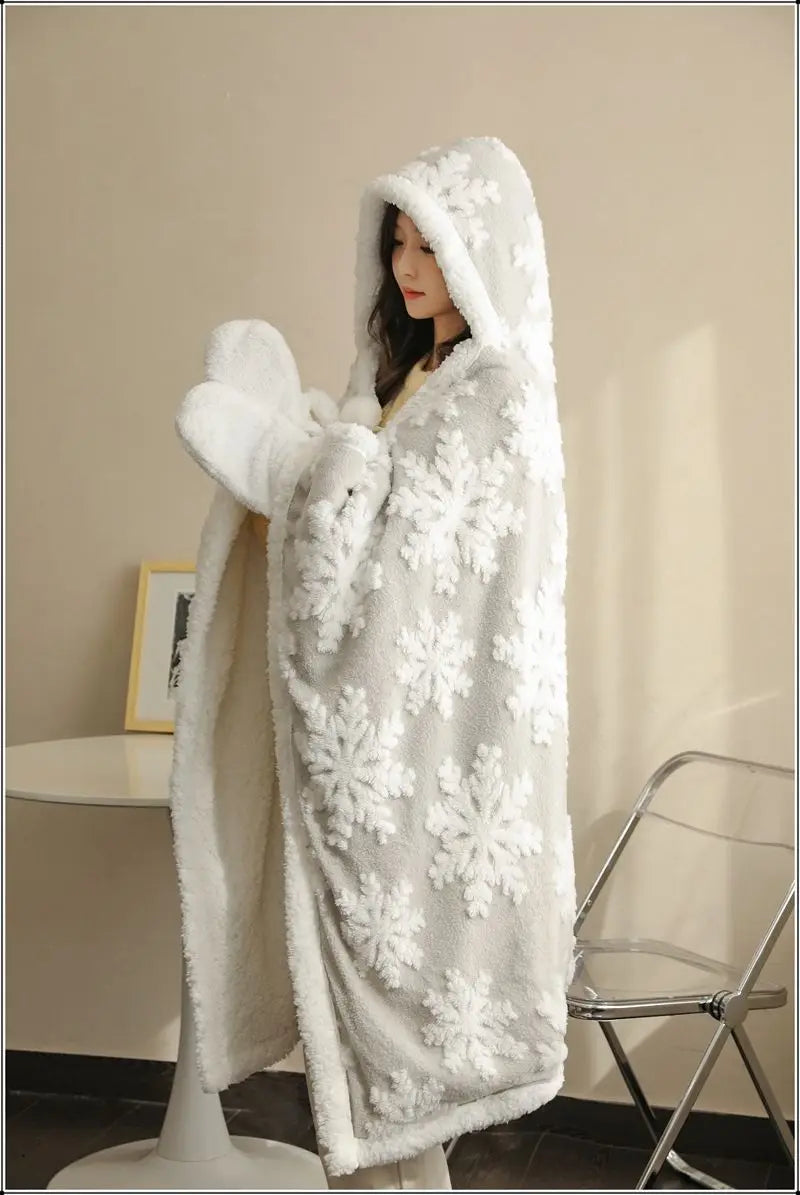 Poncho Plaid à Capuche Motif Noël Gris Avec Moufles Sherpa