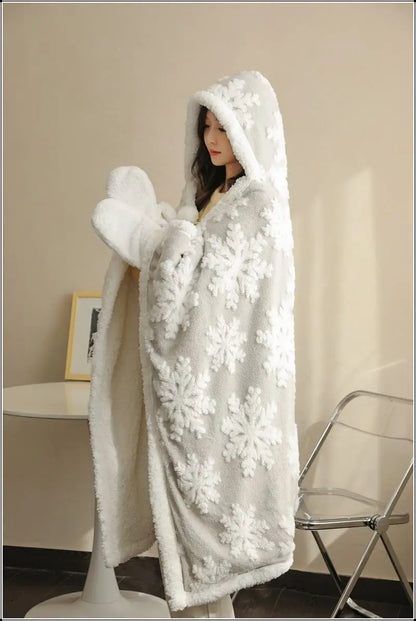 Poncho Plaid à Capuche Motif Noël Gris Avec Moufles Sherpa