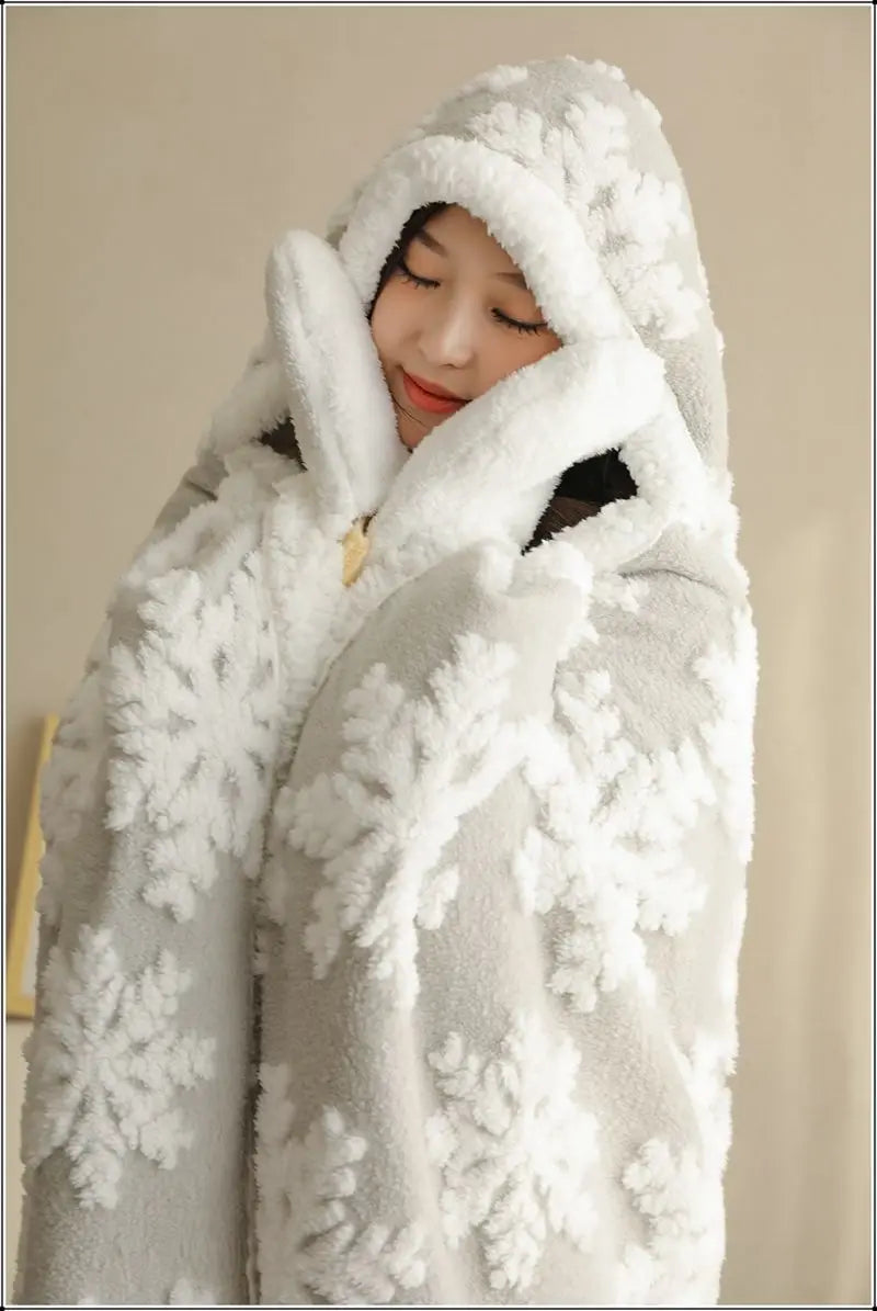 Poncho Plaid à Capuche Motif Noël Gris Avec Moufles Sherpa