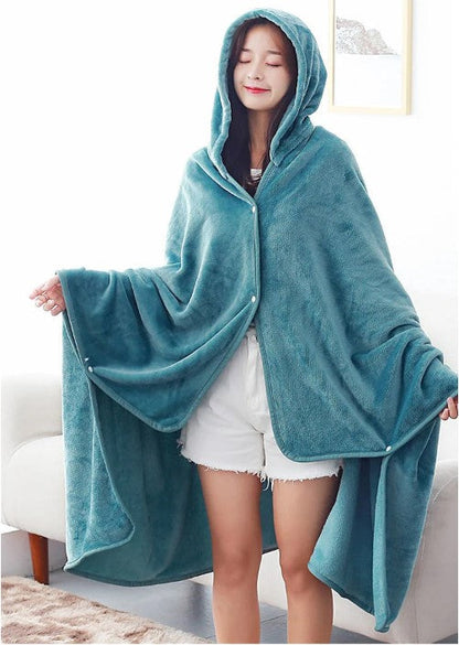 Poncho Plaid Bleu Cyan Boutonné à Capuche