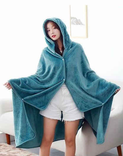 Poncho Plaid Bleu Cyan Boutonné à Capuche