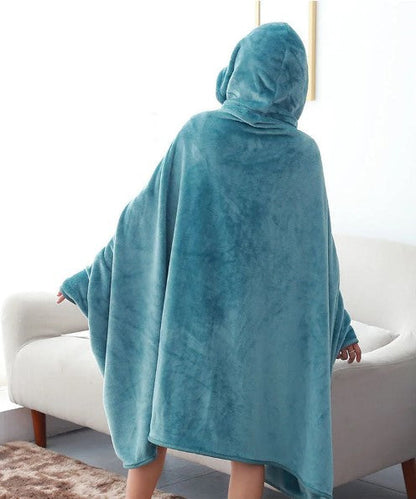 Poncho Plaid Bleu Cyan Boutonné à Capuche