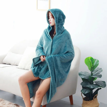 Poncho Plaid Bleu Cyan Boutonné à Capuche