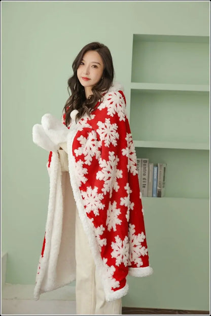 Poncho Plaid à Capuche Motif Noël Rouge Avec Moufles Sherpa
