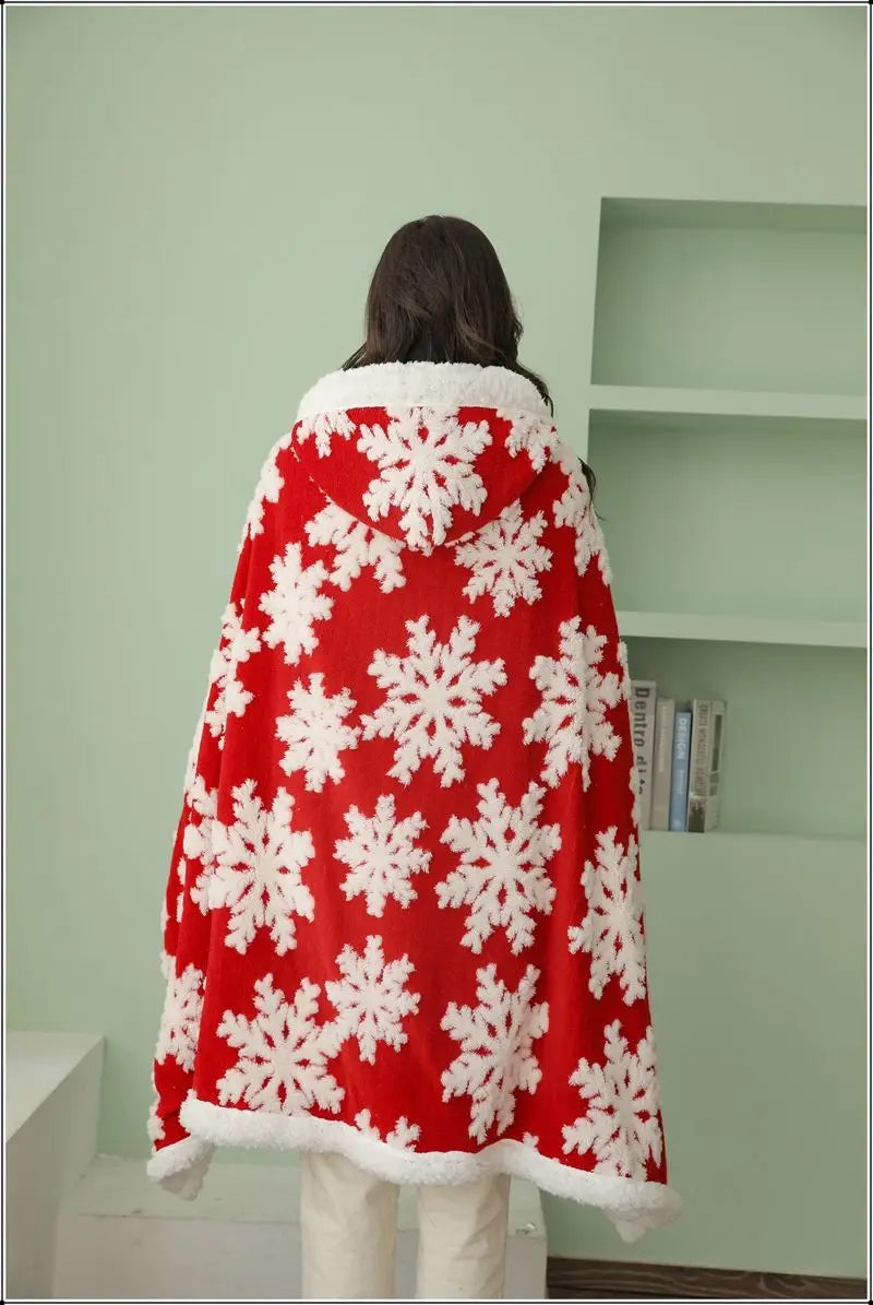 Poncho Plaid à Capuche Motif Noël Rouge Avec Moufles Sherpa