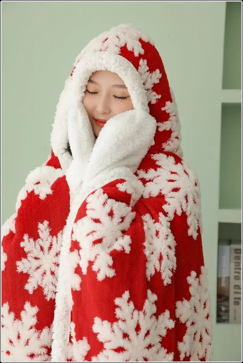 Poncho Plaid à Capuche Motif Noël Rouge Avec Moufles Sherpa