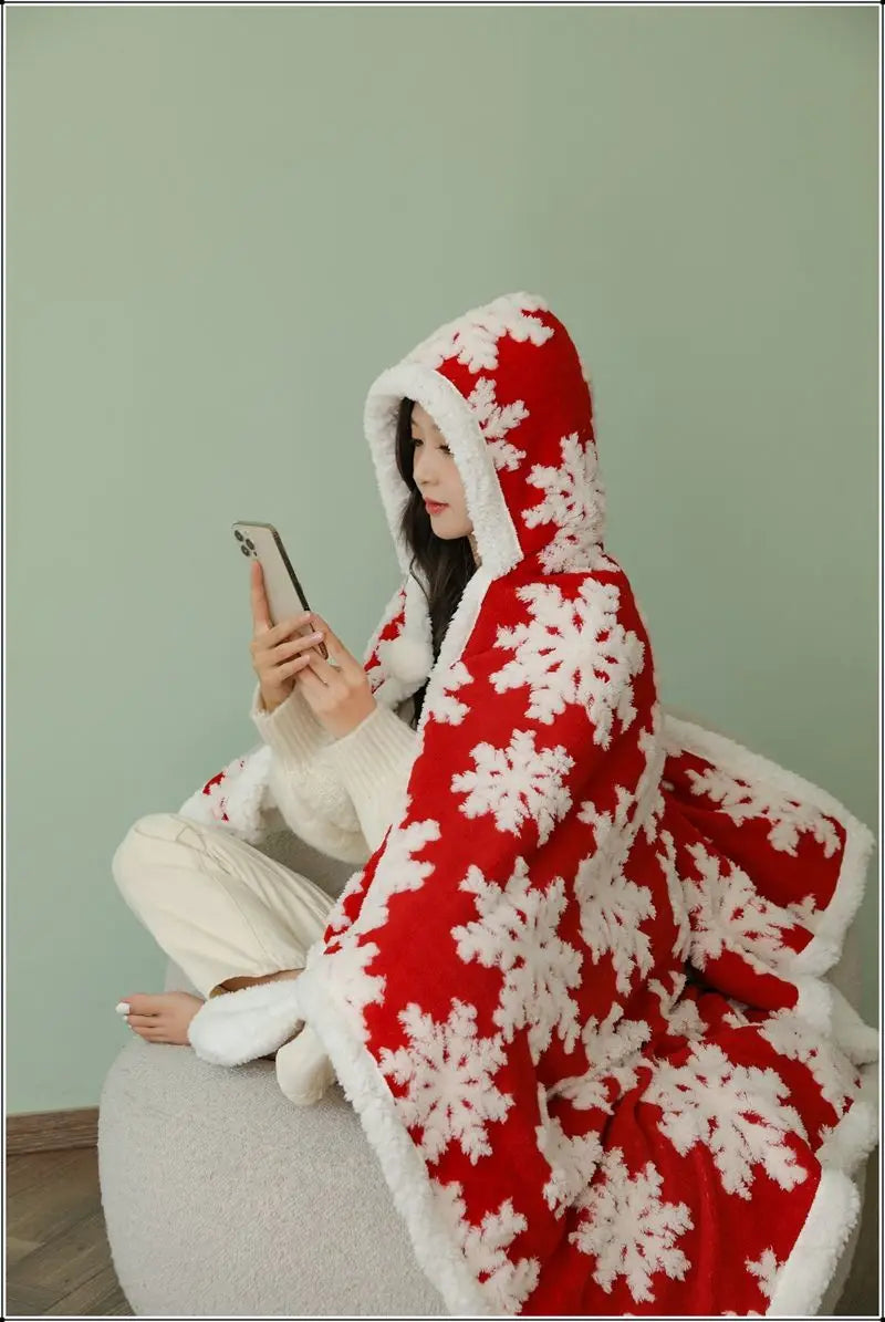 Poncho Plaid à Capuche Motif Noël Rouge Avec Moufles Sherpa