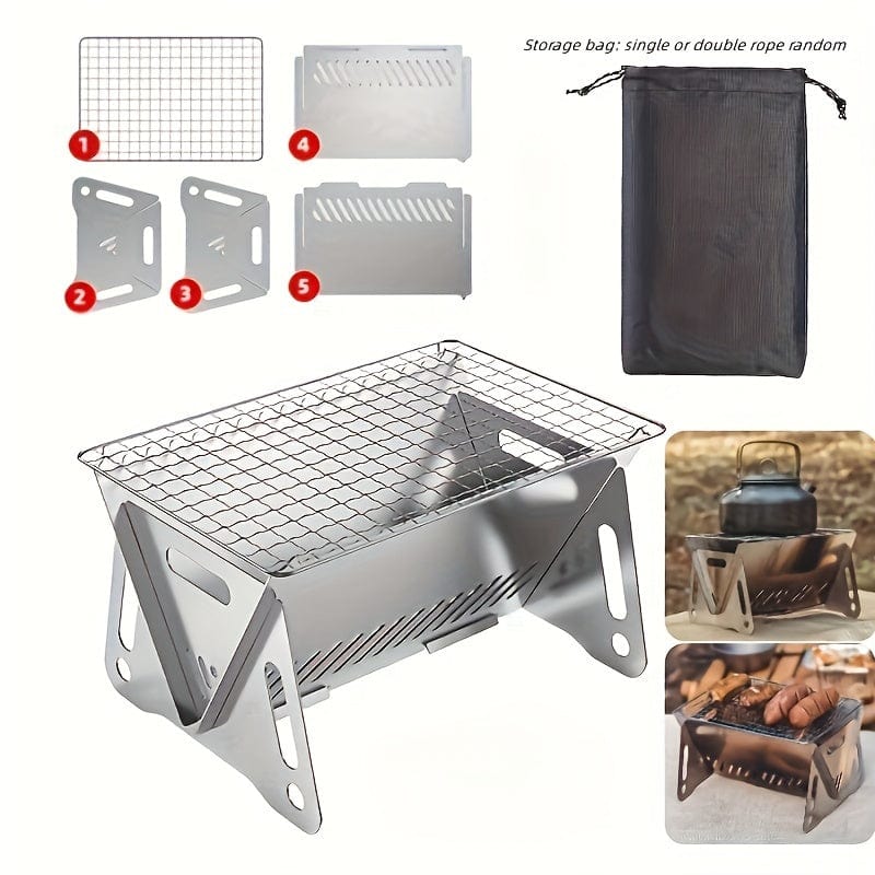 Poêle à Bois de Camping avec Grill, Acier Inoxydable, Portable